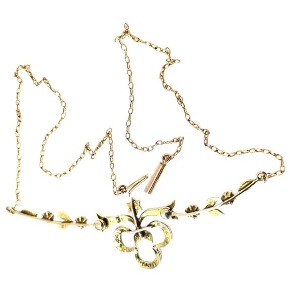 Antique 10k Seed Pearl Hinged Gold Lavalier Star Floral Clover Design Necklace - Picture 10 of 11